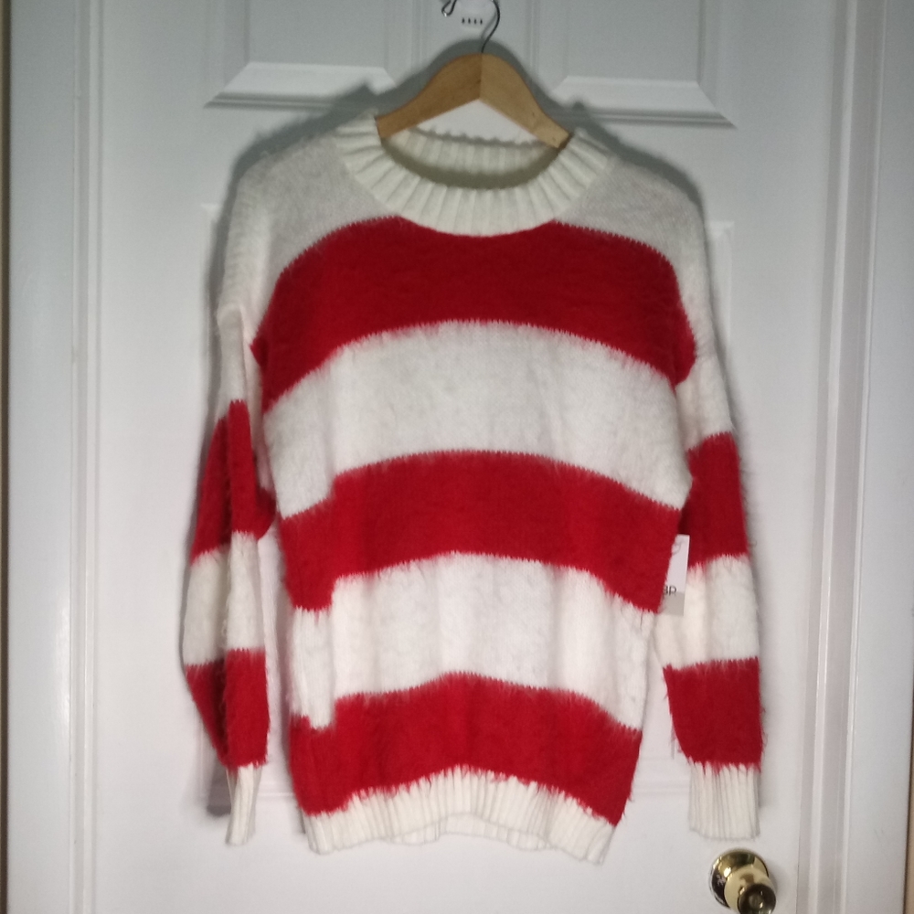 BP Oversize Brushed Pullover Red Ivory Striped XS - Picture 7 of 14